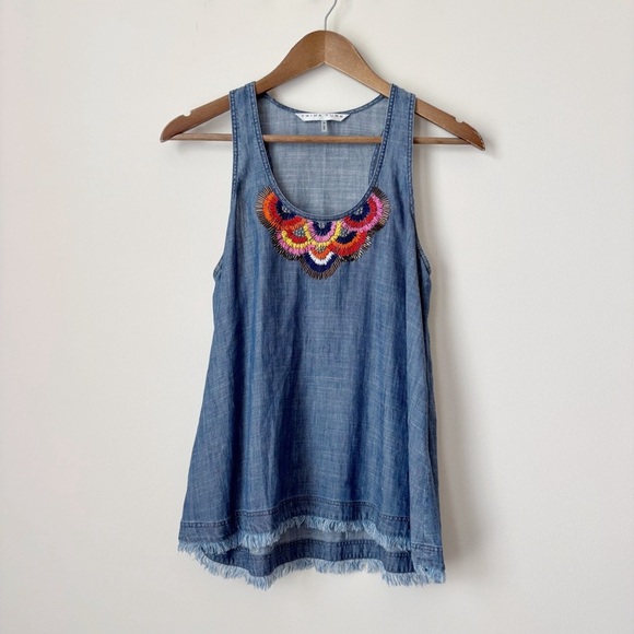 Trina Turk Chambray Tank Top Small Embroidered Beaded - Picture 1 of 10